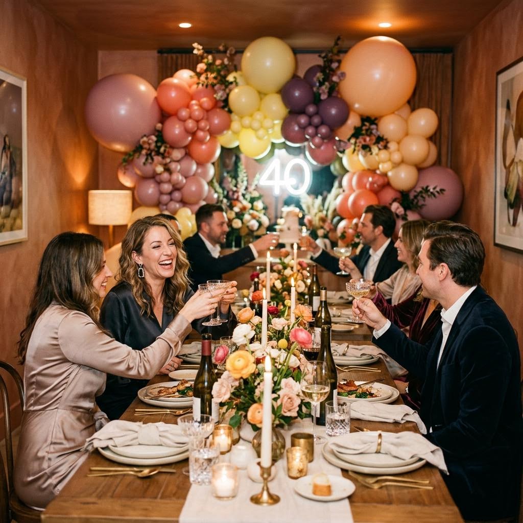 Conceptual birthday gathering with sculptural balloon decor